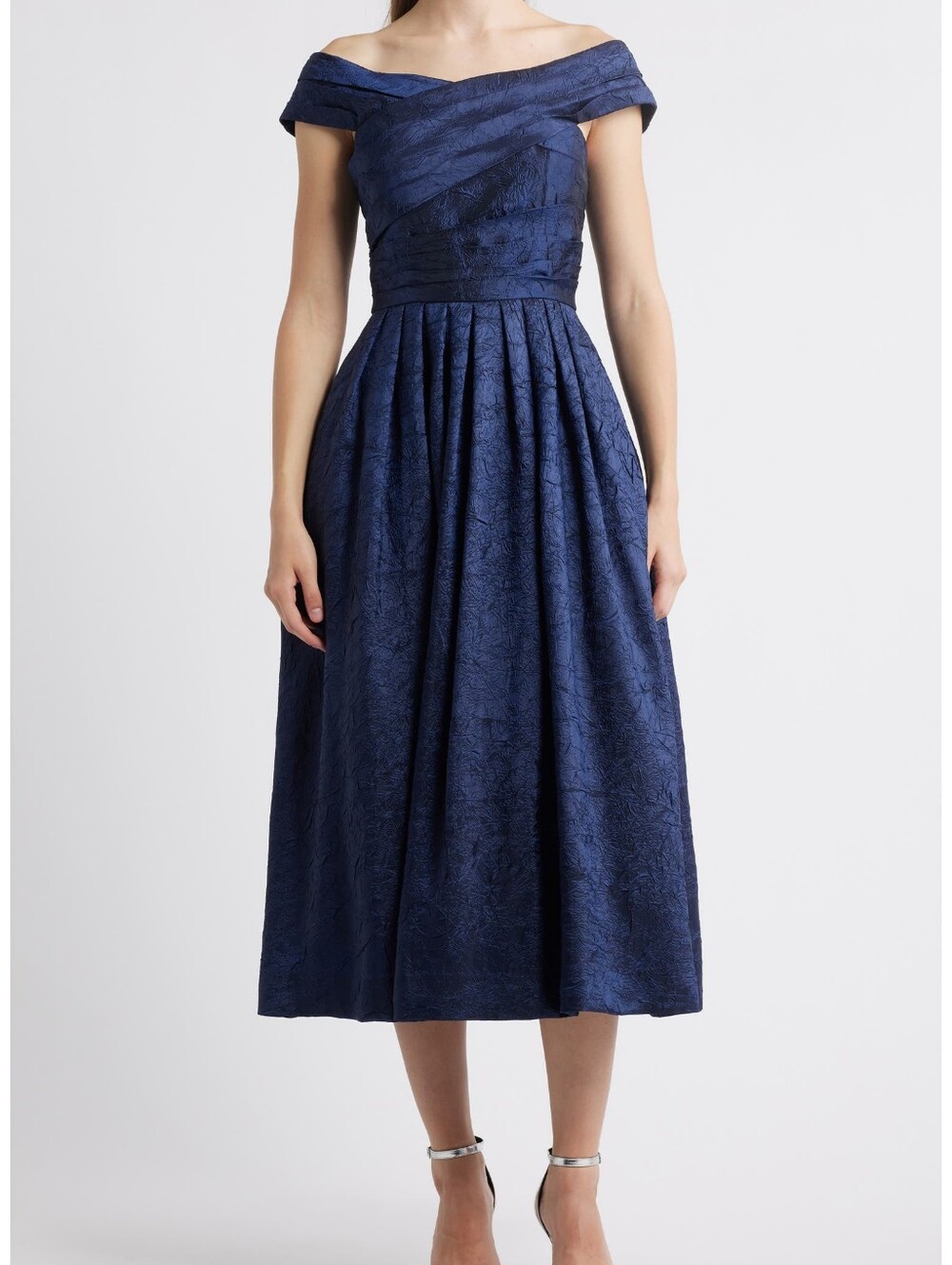Tahari ASL Dark Navy Off-the-Shoulder Pleated A-Line Dress